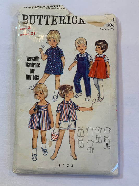 Butterick Sewing Pattern 4418 Girls' Jumper, Shoulder Straps, Dress, Shirt, Coveralls, Jacket, Two Lengths, Short Sleeves, Button Front, Size 2, Cut, Vintage 1970