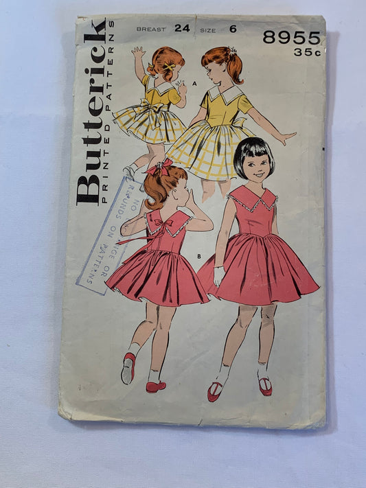 Butterick Sewing Pattern 8955 Girls' Dress, Full Skirt, Collar, Short Sleeves, Sleeveless, Sash, Above Knee, Size 6, Cut, Vintage 1950