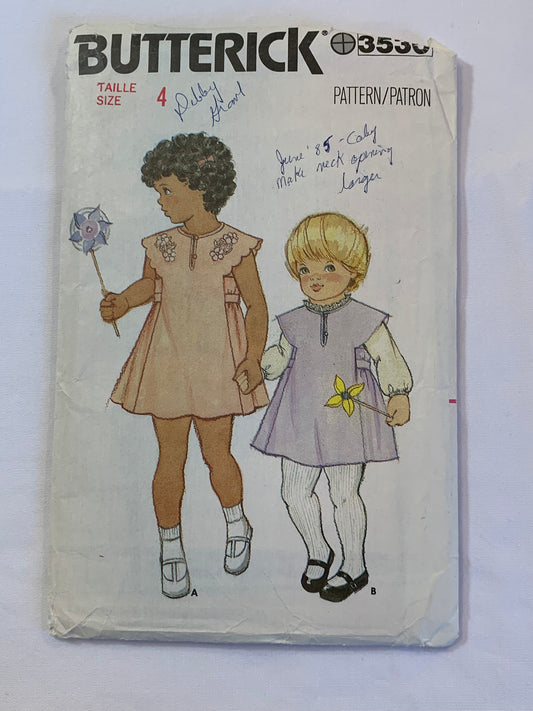 Butterick Sewing Pattern 3530 Girls' Dress, Jumper, Semi-Fitted, 2 Variations, Tie Back, Full Skirt, Size 4, Cut, Vintage 1988