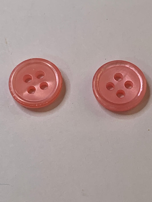 Vintage 2 Round Plastic Buttons, 4 Holes, Pink, 1.2 cm, New/Old Stock