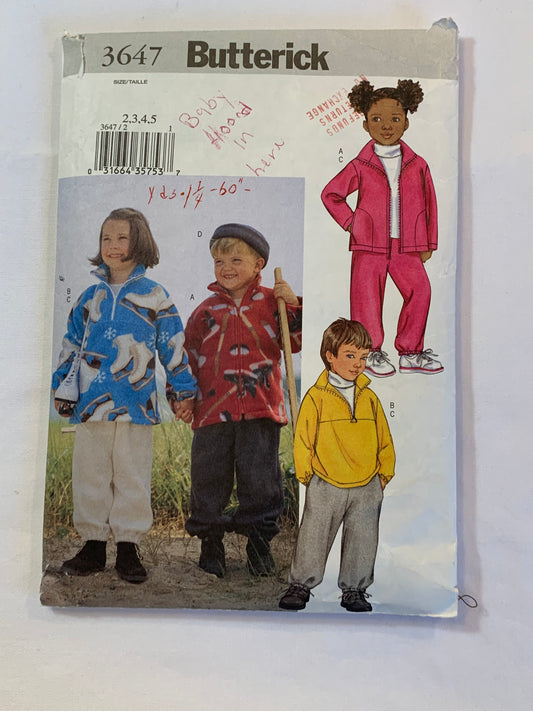 Butterick Sewing Pattern 3647 Children/Girls' Boy's Jacket, Top, Pants, Loose-Fitting, Zipper Front, Pockets, Pullover, Hat, Size 2-5, Cut, 2002