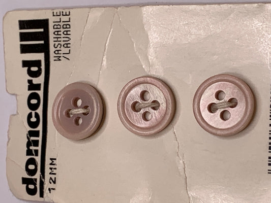 Vintage 3 Round Plastic Buttons, 4 Holes, Pink, 1.2 cm, New/Old Stock
