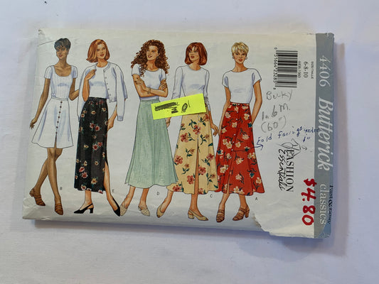 Butterick Sewing Pattern 4406 Misses' Skirt, 2 Lengths, A-Line, Flared, Straight, Zipper Back, 5 Variations, Size 6-10, Cut, Vintage 1996