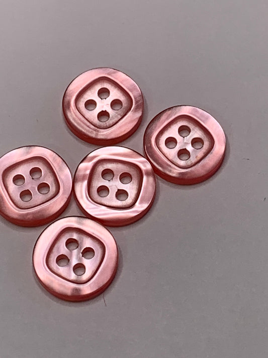 Vintage 5 Round Plastic Buttons, 4 Holes, Pink, 1.5 cm, New/Old Stock