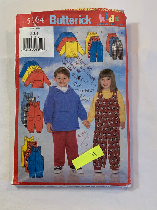 Butterick Sewing Pattern 5164 Girls'/Boys' Jacket, Pants, Overalls, Shoulder Straps, Pockets, Long Sleeves, Sleeveless, Size 2-4, Cut, 2001