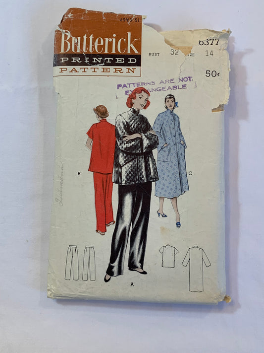 Butterick Sewing Pattern 6377 Misses' Pajamas, Robe, Mandarin, Top, Pants, Long/Short Sleeves, Button Front, Pockets, Size 14, Cut, Vintage 1960