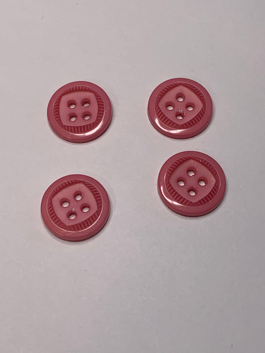 Vintage 4 Round Plastic Buttons, 4 Holes, Pink, 1.5 cm, New/Old Stock