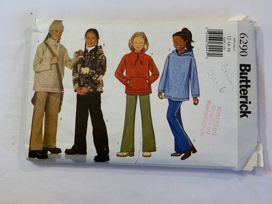 Butterick Sewing Pattern 6290 Girls' Top, Pants, Jeans, Loose-Fitting, Pullover, Long Sleeves, Collar, Pocket, Drawstring Hood, Size 12-16, Cut, Vintage 1999