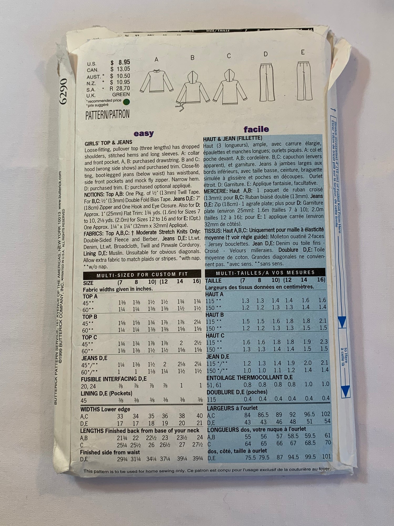 Butterick Sewing Pattern 6290 Girls' Top, Pants, Jeans, Loose-Fitting, Pullover, Long Sleeves, Collar, Pocket, Drawstring Hood, Size 12-16, Cut, Vintage 1999