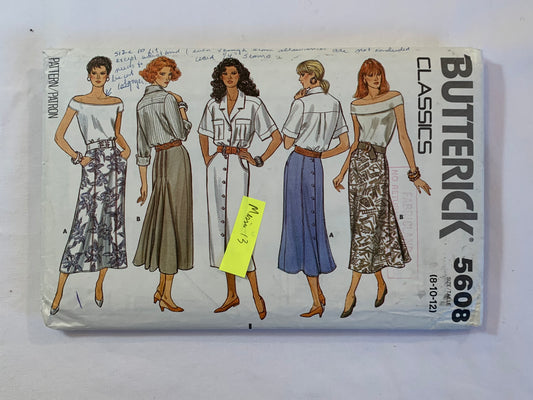 Butterick Sewing Pattern 5608 Misses' Skirt, Button Front, Pockets, Flared, Fitted, Side Zipper, 5 Variations, Size 8-12, Cut, Vintage 1996