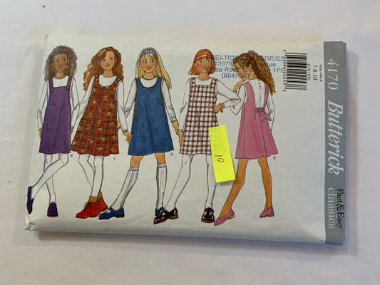 Butterick Sewing Pattern 4170 Girls' Jumper, Top, Pockets, Shoulder Straps, 5 Variations, Tie Back, Size 7-10, Cut, Vintage 1995