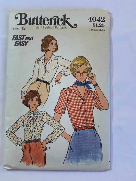 Butterick Sewing Pattern 4042 Misses' Blouse, 3 Variations, Long/Short Sleeves, Semi-Fitted, Button Front, Collar, Size 12, Cut, Vintage 1973