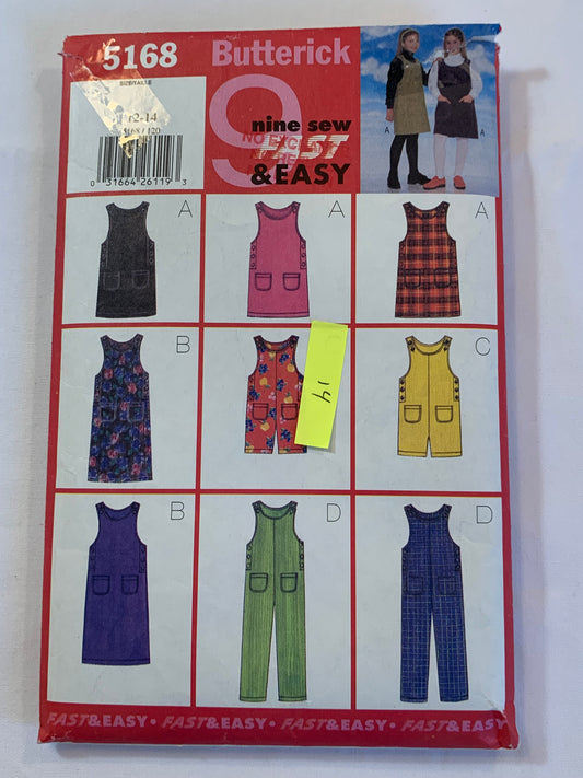 Butterick Sewing Pattern 5168 Girls' Jumper, Jumpsuit, Pockets, Sleeveless, 9 Variations, Size 12-14, Cut, Vintage 1997