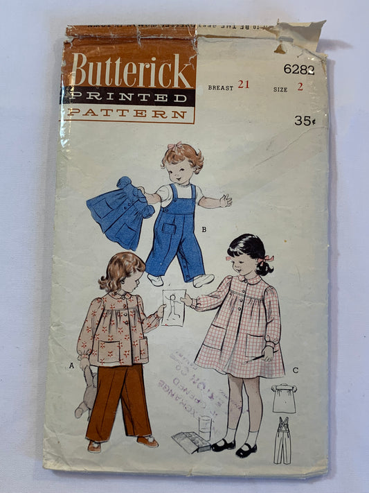 Butterick Sewing Pattern 6282 Toddlers' Smock, Overalls, Two Lengths, Long/Short Sleeves, Pockets, Button Front, Size 2, Cut, Vintage 1950