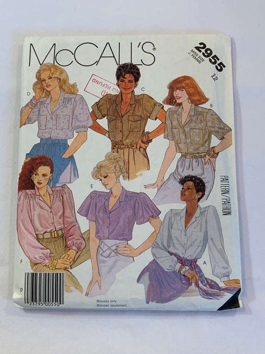 McCall's Sewing Pattern 2955 Misses' Blouses, Tops, Long/Short Sleeves, 6 Variations, Collar, Button Front, Size 12, Cut, Vintage 1987 Media 1 of 2