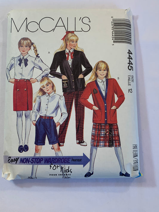 McCall's Sewing Pattern 4445 Girls' Jacket, Top, Blouse, Pants, Skirt, Shorts, Button Front, Elastic Waist, Pockets, Long Sleeves, Size 12, Cut, Vintage 1989