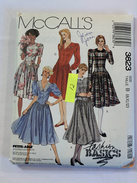 McCall's Sewing Pattern 3823 Misses' Dress, Pockets, Shoulder Pads, Long/Short Sleeves, 5 Variations, Button Front, Size 8-12, Cut, Vintage 1988