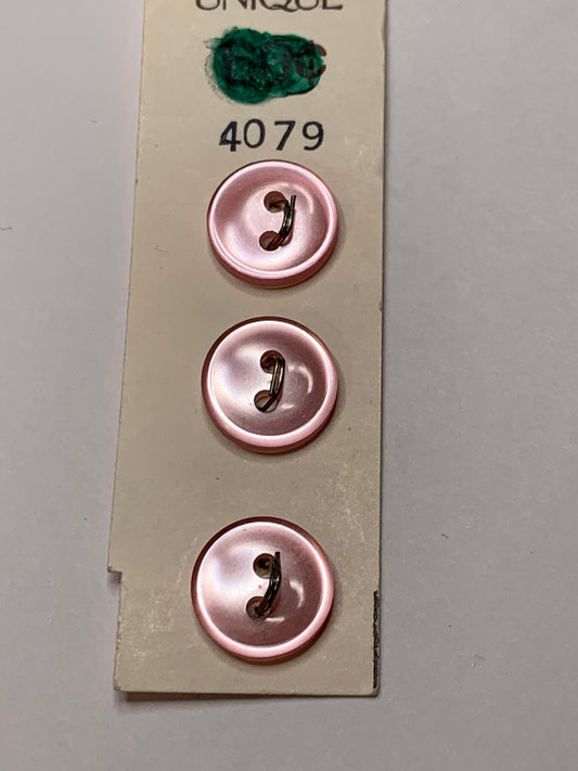 Vintage 3 Round Plastic Buttons, 2 Holes, Pink, 1.0 cm, New/Old Stock
