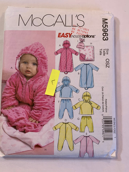 McCall's Sewing Pattern M5963 Infants' Lined Butting Bag, Jacket, Jumpsuits, Pants, Reversible Blanket, Hat, Hood, Zipper Front, Size NB-Lrg, Cut, 2009