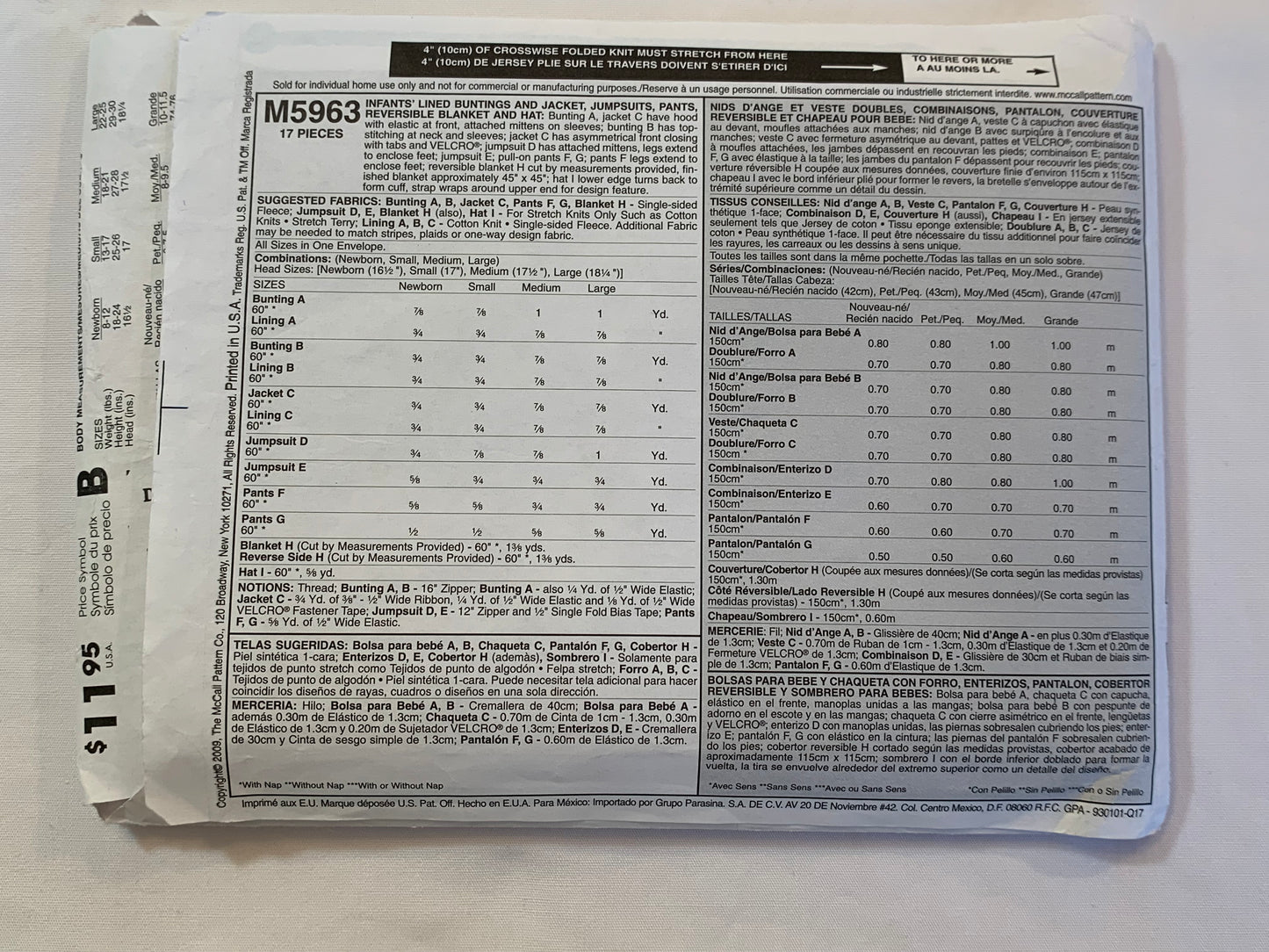 McCall's Sewing Pattern M5963 Infants' Lined Butting Bag, Jacket, Jumpsuits, Pants, Reversible Blanket, Hat, Hood, Zipper Front, Size NB-Lrg, Cut, 2009