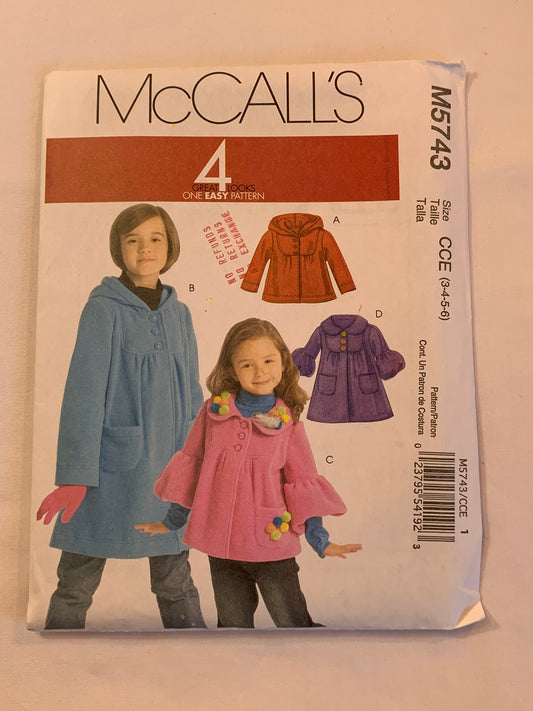 McCall's Sewing Pattern M5743 Children's/Girls' Jacket, Coat, Collar, Button Front, Hood, Pockets, Two Lengths, Size 3-6, Uncut, 2008