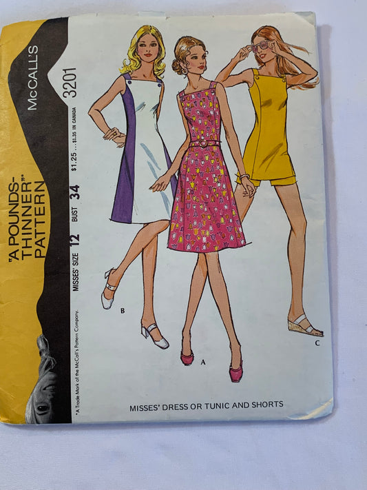 McCall's Sewing Pattern 3201 Misses' Dress, Tuni, Shorts, Zipper Back, Belt, Princess Seams, Two Lengths, Sleeveless, Size 12, Cut, Vintage 1972