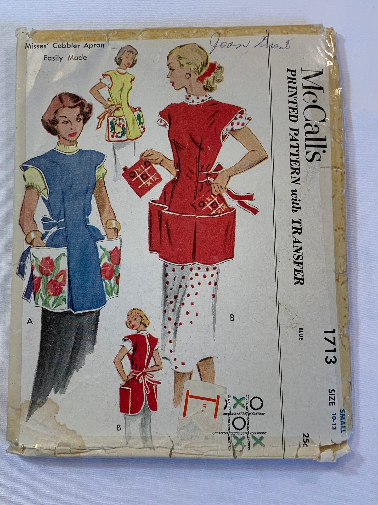McCall's Sewing Pattern 1713 Misses' Cobbler Aprons, Pockets, 2 Variations, Tie Back,Size 10-12, Cut, Vintage 1958