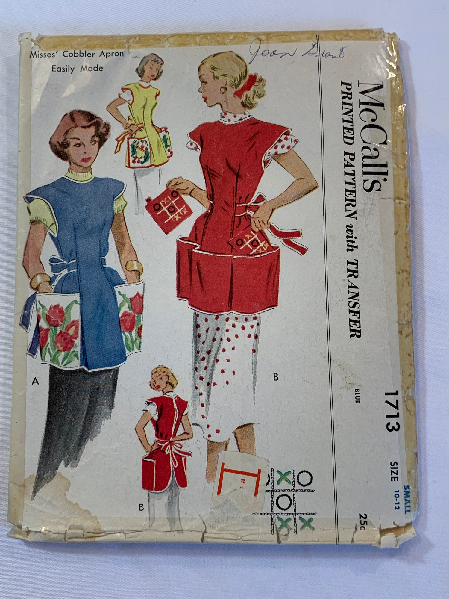 McCall's Sewing Pattern 1713 Misses' Cobbler Aprons, Pockets, 2 Variations, Tie Back,Size 10-12, Cut, Vintage 1958