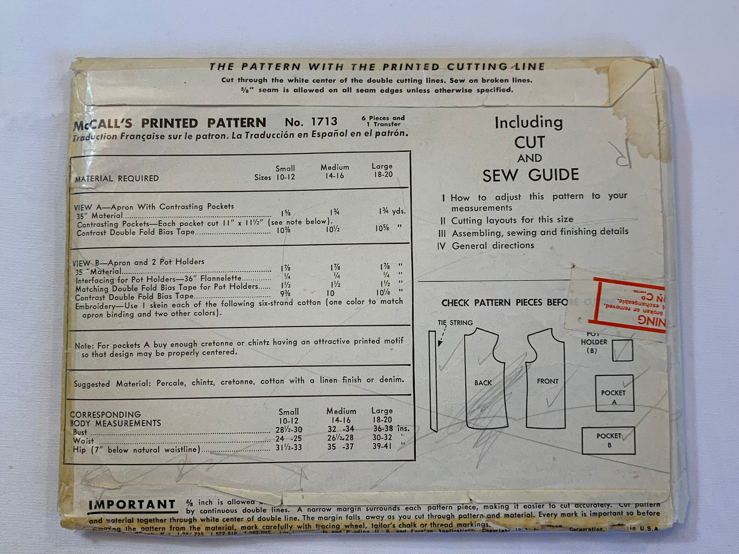 McCall's Sewing Pattern 1713 Misses' Cobbler Aprons, Pockets, 2 Variations, Tie Back,Size 10-12, Cut, Vintage 1958