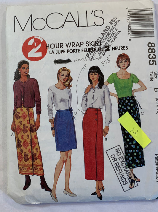 McCall's Sewing Pattern 8835 Misses' Wrap Skirt, Two Lengths, Darts, Button/Tie Closures, Size 10-12, Cut, Vintage 1997