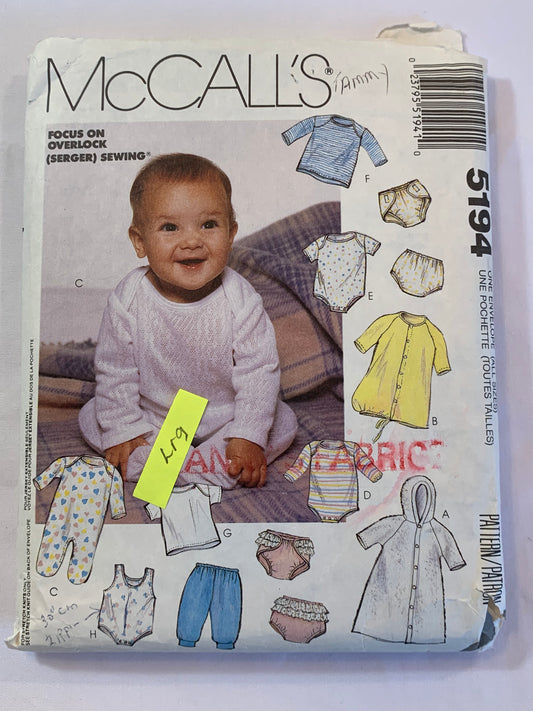 McCall's Sewing Pattern 5194 Infants' Butting Bag, Gown, Bodysuits, Jumpsuit, T-Shirts, Pants, diaper Cover, Stretch Knits Only, Front Snaps,Long/Short Sleeves, Size 14-32 pounds, Cut, Vintage 1991