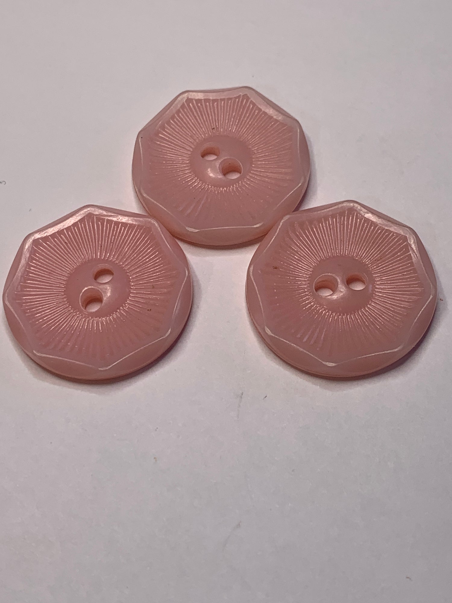 Vintage 3 Round Plastic Buttons, 2 Holes, Pink, 1.2 cm, New/Old Stock