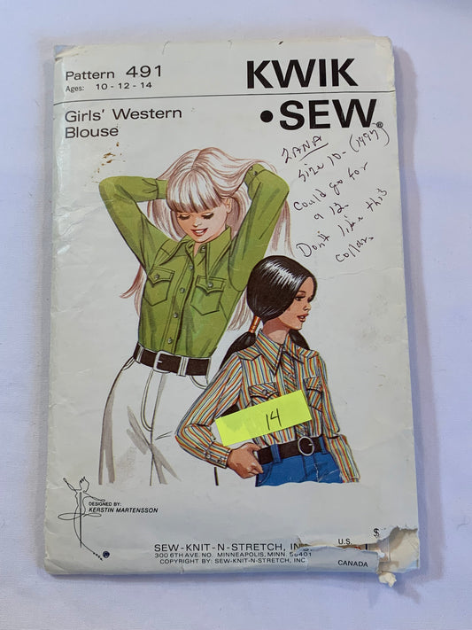 KWIK Sewing Pattern 491 Girls' Western Blouse, Long Sleeves, Collar, Cuffs, Pockets, Button/Snap Front, Size10-14, Cut, Vintage 1993
