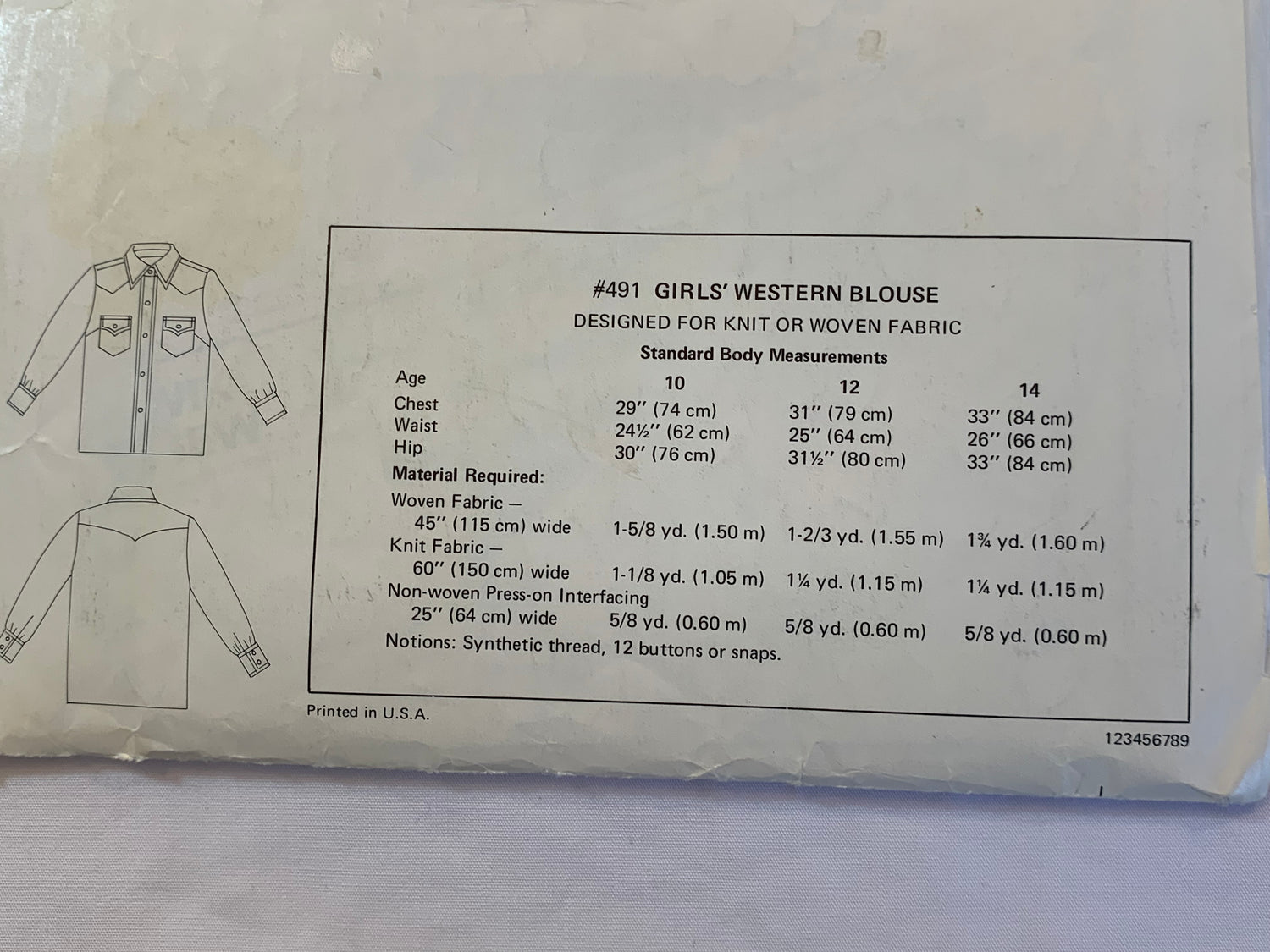 KWIK Sewing Pattern 491 Girls' Western Blouse, Long Sleeves, Collar, Cuffs, Pockets, Button/Snap Front, Size10-14, Cut, Vintage 1993