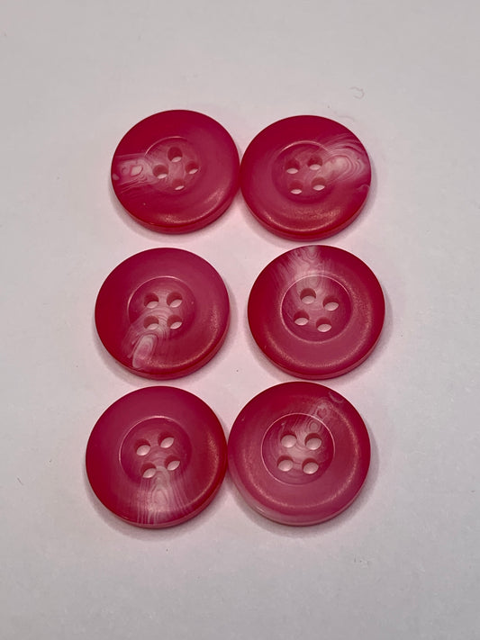 Vintage 6 Round Plastic Buttons, 4 Holes, Pink, 1.5 cm, New/Old Stock