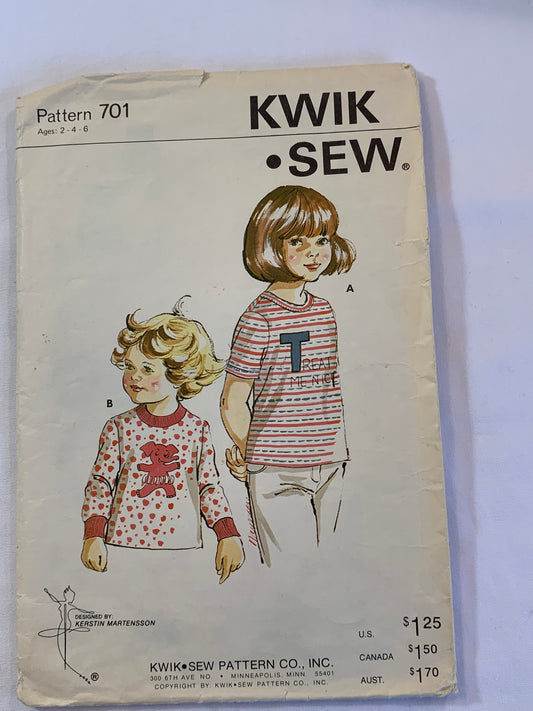 KWIK Sewing Pattern 701 Girls' T-Shirts, Long/Short Sleeves, Collar, Cuffs, Cut, Size 2-6, Vintage 1980