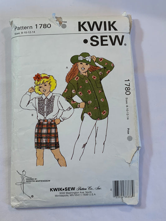 KWIK Sewing Pattern 1780 Misses' Skirt, Top, Long Sleeves, Elastic Waist, Blouse, Size 8-14, Cut, Vintage 1993