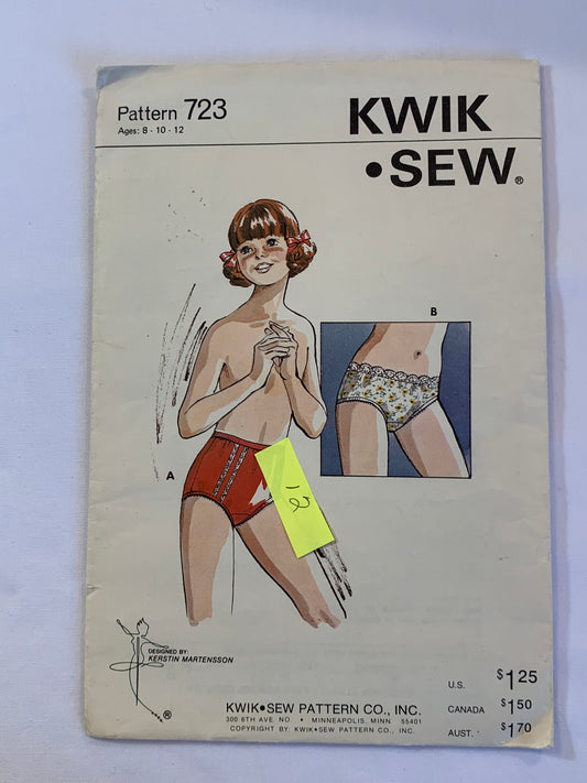 KWIK Sewing Pattern 723 Girls' Panties, Flared Legs, Underwear, Elastic Waist, Regular, Bikini, Size 8-12, Cut, Vintage 1998