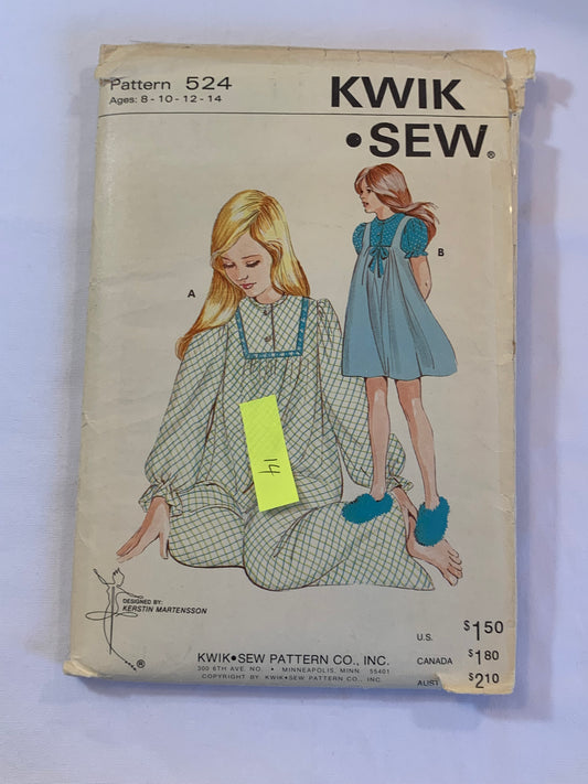 KWIK Sewing Pattern 524 Girls' Nightgown, 2 Lengths, Long/Short Sleeves, 2 Variations, Button Front, Size 8-14, Cut, Vintage 1980