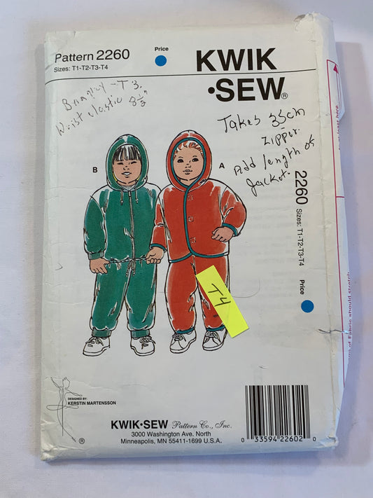 KWIK Sewing Pattern 2260 Toddlers' Pants, Jacket, Stretch Knits Only, Loose-Fitting, Elastic Waist, Hood, Zipper Front, Size T1-4, Cut, Vintage 1980