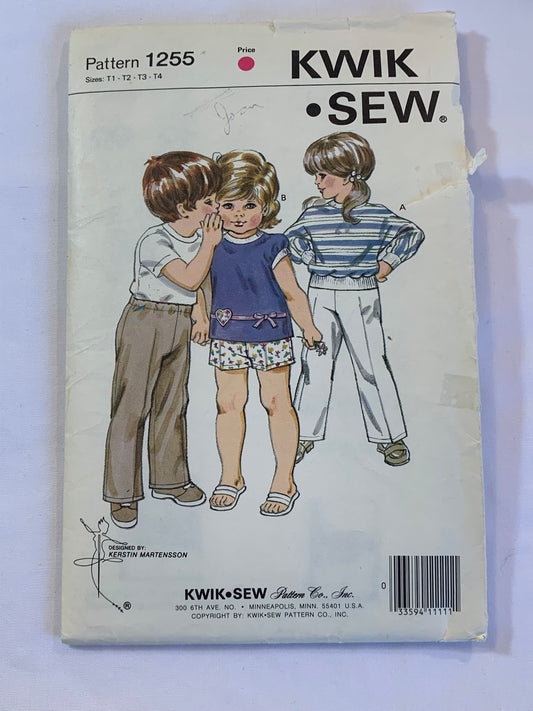 KWIK Sewing Pattern 1255 Girls' Tops, Pants, Shorts, Elastic Waist, Long/Short Sleeves, Pullover, Pull-On, Cut, Size T1-4, Vintage 1980