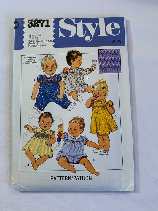 Style Sewing Pattern 3271 Infant/Babies Romper Two Lengths, Dress, Long/Short Sleeves, Full Skirt, Gathered, Collar, Size 6-18 Mths, Cut, Vintage 1980