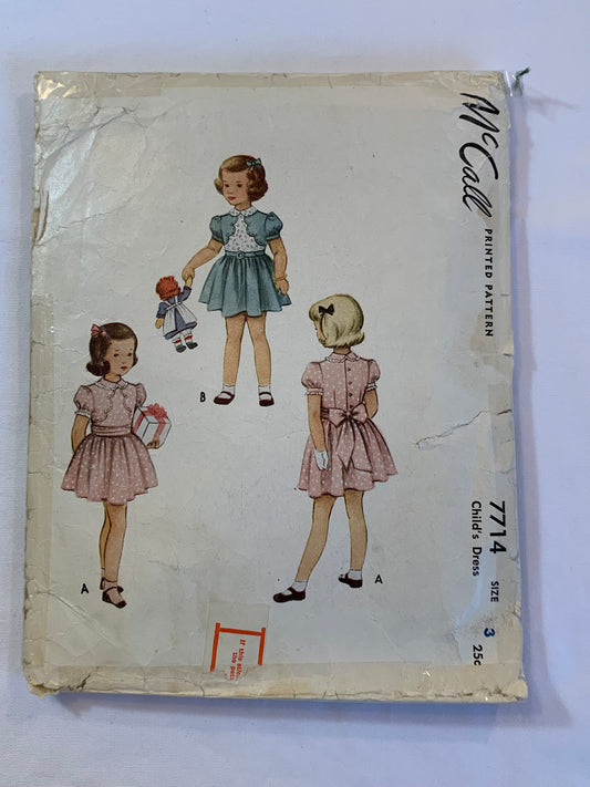 McCall's Sewing Patterns 7714 Girls' Dress, Long/Short Sleeves, Flared Skirt, Back Button, Gathered Waist, Tie Back, Size 3, Cut, Vintage 1955