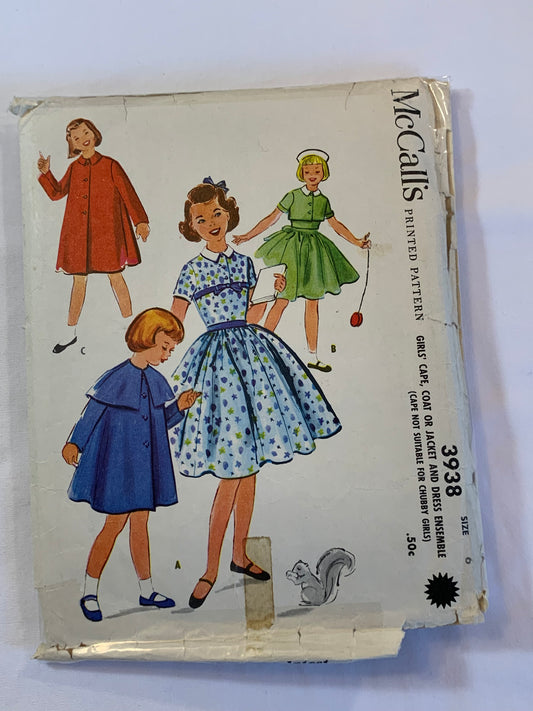 McCall's Sewing Patterns 3938 Girls' Dress, Cape, Jacket, Button Back, Flared, Long/Short Sleeves,Two Lengths, Size 6, Cut, Vintage 1950