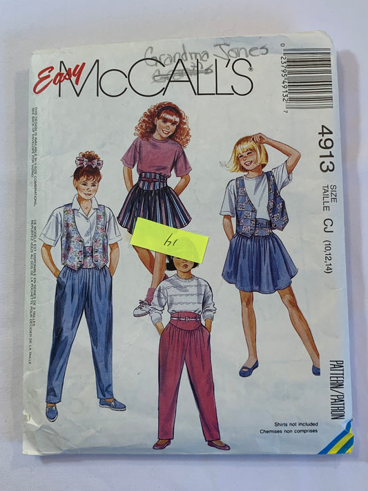 McCall's Sewing Pattern 49137 Girls' Vest, Skirt, Pants, Button Front, Elastic Waist, Pockets, Pull-On, Gathered, Size 10-14, Cut, Vintage 1990