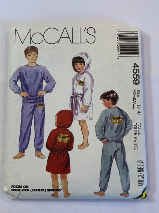 McCalls Sewing Pattern 4559 Boys'/Girls'  Sleepwear, Pajamas, Robe, Top, Pants, Hood, Tie Belt, Pullover, Pull-On, Size 2-4, Cut, Vintage 1989
