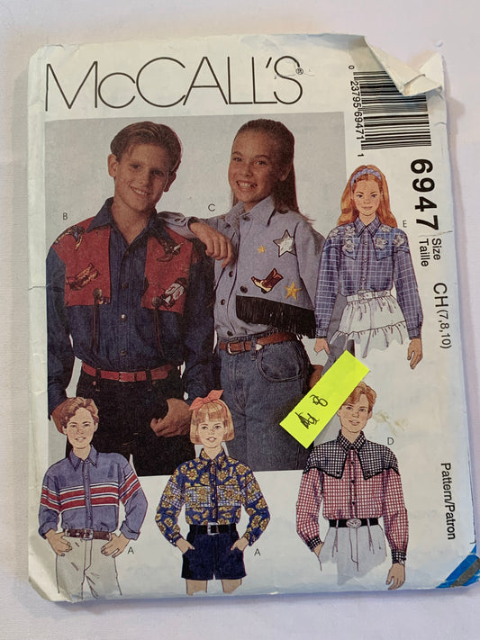 McCall's Sewing Pattern 6947 Boys'/Girls' Western Shirt, Loose-Fitting, Collar, Pockets, Long Sleeves, Button Front, Size 7-8, Cut, Vintage 1994