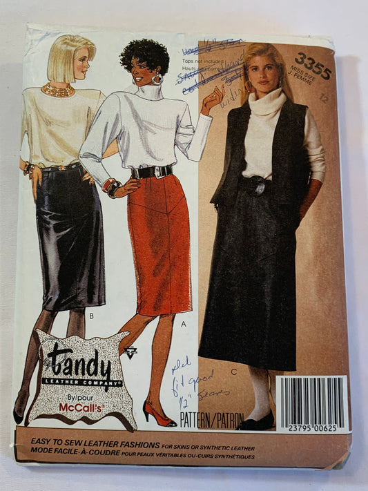 McCall's Sewing Pattern 3355 Misses' Skirt, Lined Leather, Straight, Zipper Back, Pleats, Pockets, Size 12, Cut, Vintage 1987