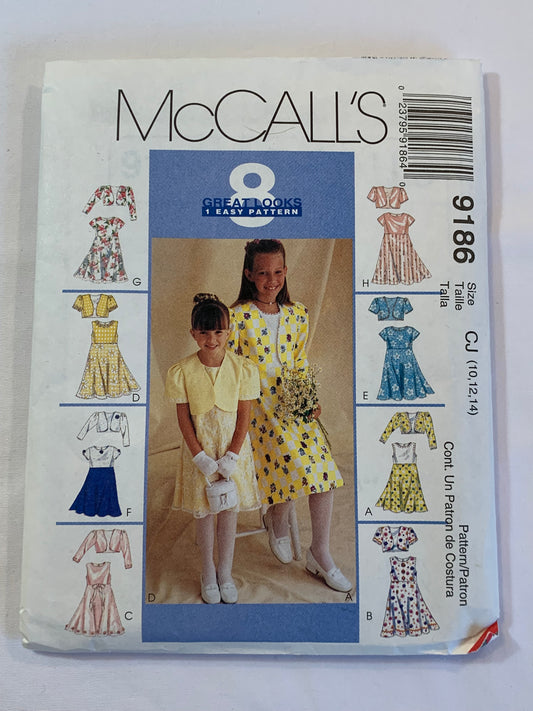 McCall's Sewing Pattern 9186 Girls' Dress, Lined Bolero, Long/Short Sleeves, Zipper Back, Overskirt, 8 Variations, Size 10-14, Uncut, Vintage 1998
