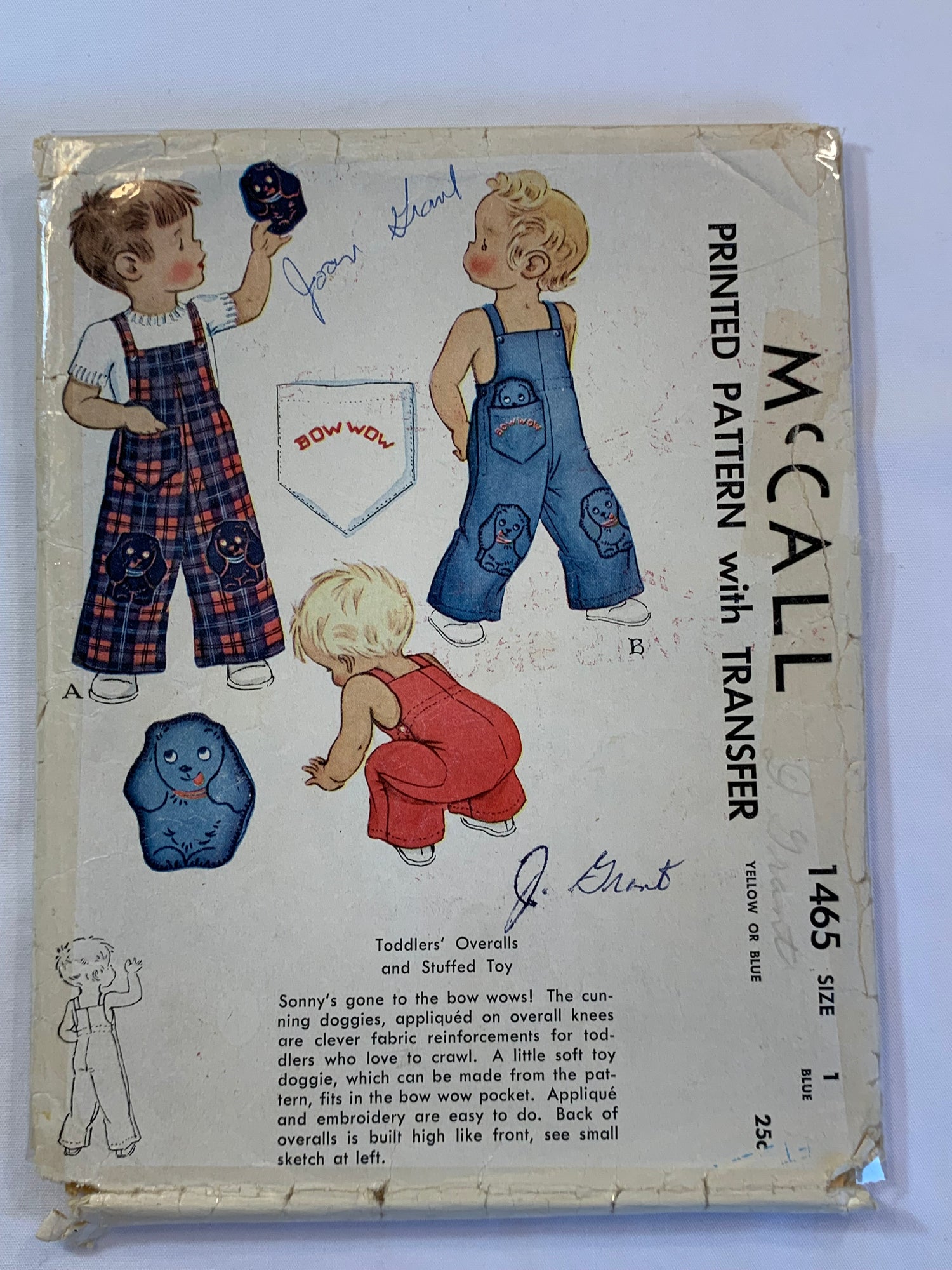 McCall's Sewing Pattern 1465 Toddlers' Overalls, Stuffed Toy, Transfers, Pockets, Bib, Shoulder Straps, Size 1, Cut, Vintage 1949